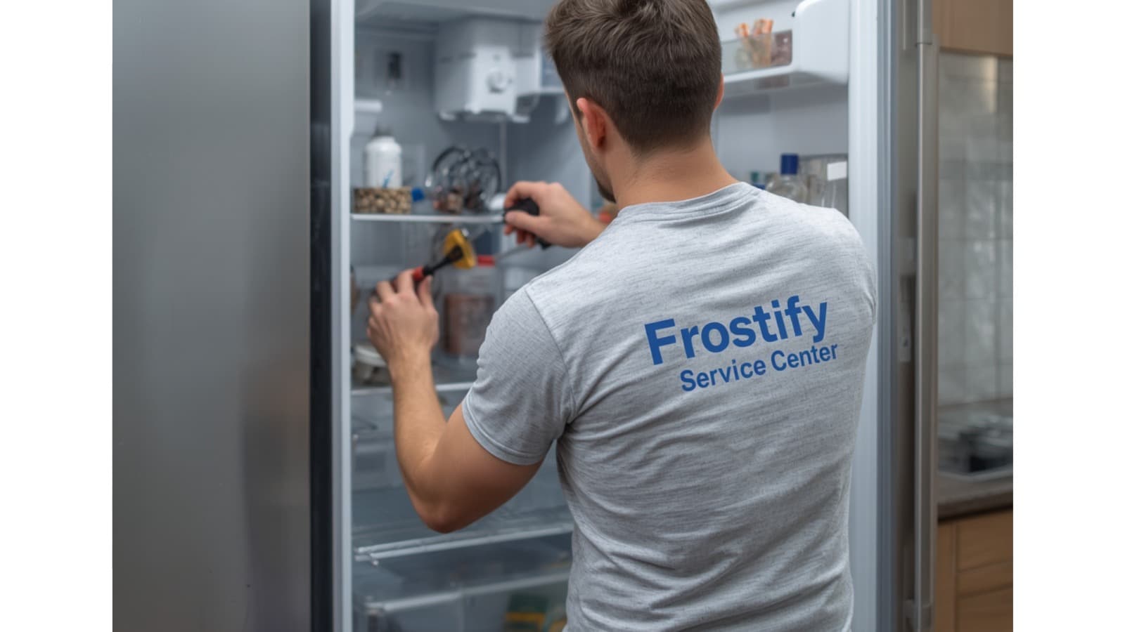 Professional technician repairing a double door refrigerator at a customer's home in Mumbai